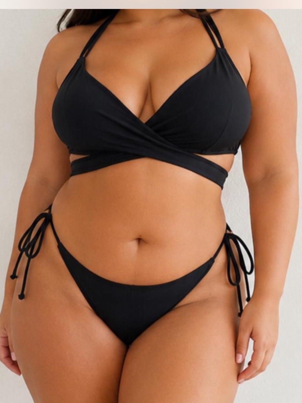 Black Wrap Bikini Top XL Strappy Tie Back Swimwear Minimalist Resort Core